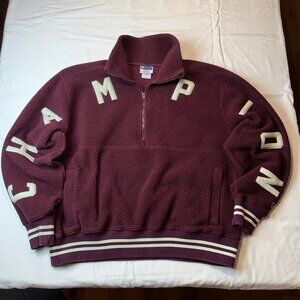 Champion Burgundy Maroon Spell Out 1/4 Zip Fleece Sweatshirt Large - No Flaws
